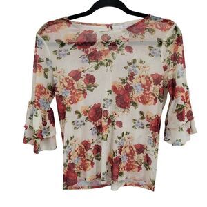 Y2K Blouse XS Cream Blossom Flower Sheer Mesh Tiered‎ Ruffle Sleeve Cottage Core